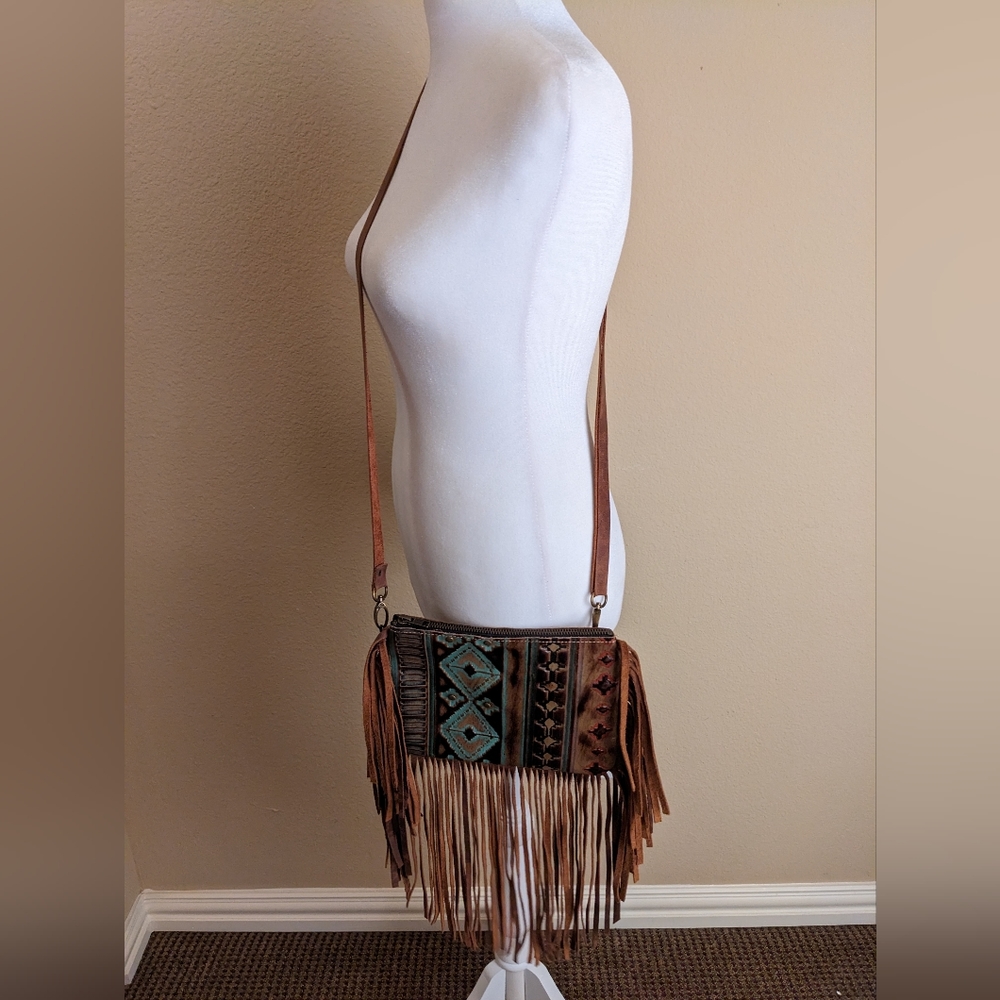 Leather turquoise & brown crossbody fringe purse